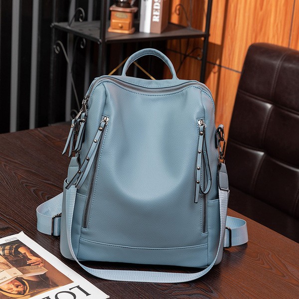 Cross-Border New Backpack Women's Fashion Popular Large-Capacity Backpack Simple Casual Women's Bag Pu Soft Leather Student School Bag.