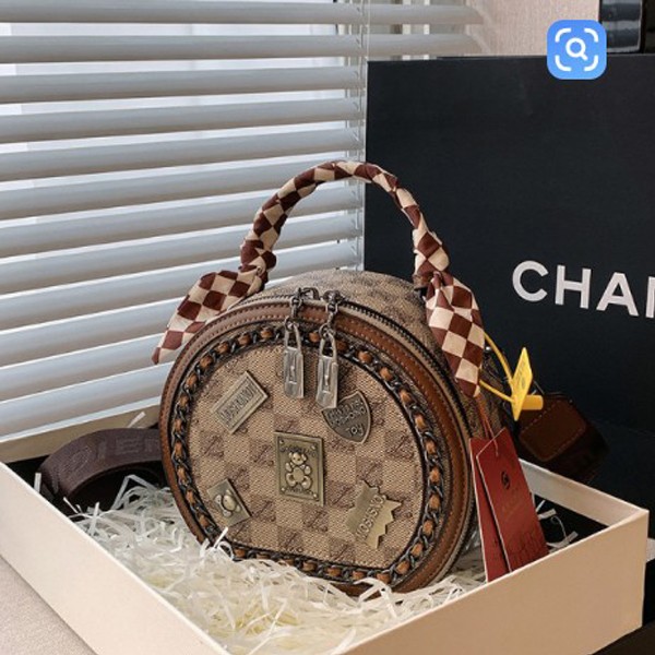 Cross-border retro textured round cake bag for women spring 2025 new fashion badge silk scarf handbag versatile crossbody bag