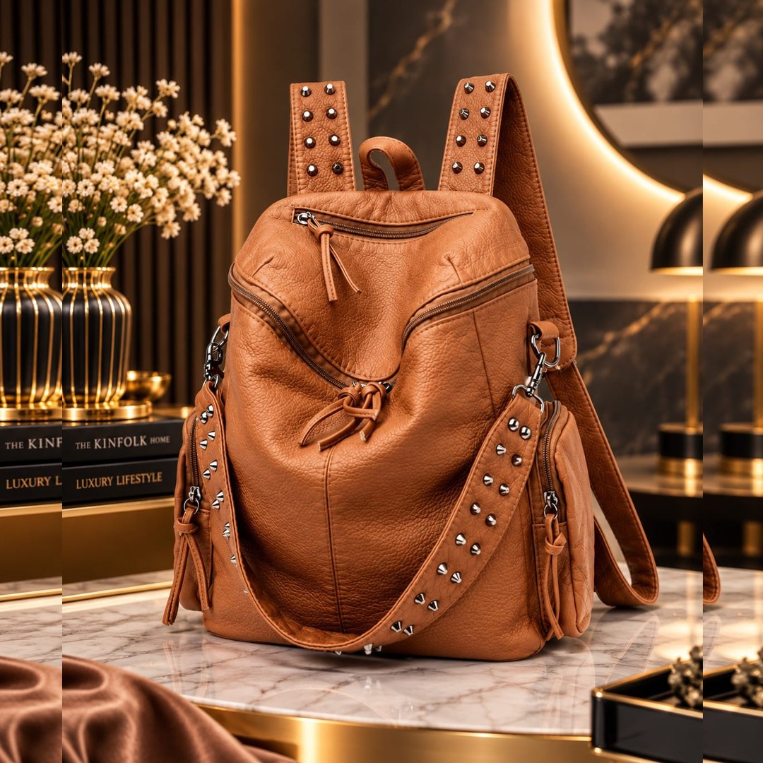 New fashion rivet backpack washed leather backpack large capacity multi-pocket soft bag cross-border trendy travel backpack.