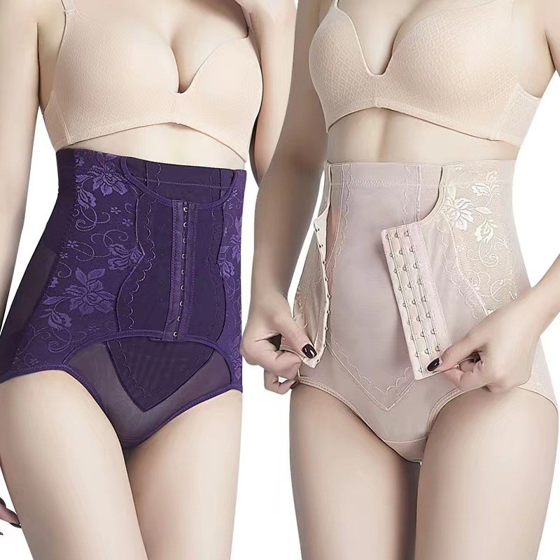 High elastic mesh thin breathable high waist lace hip lift waist button postpartum body shaping body shaping abdomen pants for women