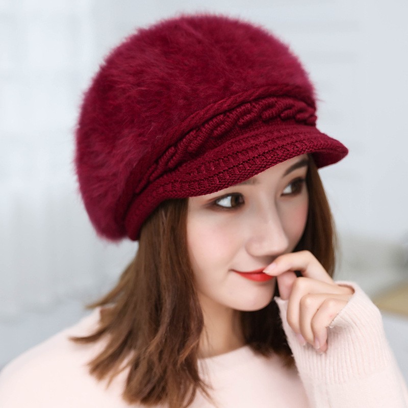Hat Women's New Winter Korean Style Rabbit Fur Hat Pure Color Duck Beret Warm Knitted Woolen Hat.